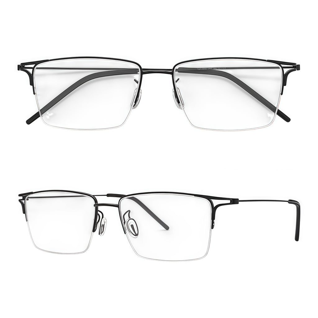 Black unisex titanium semi-rimless glasses, original combined front and 45-degree product views