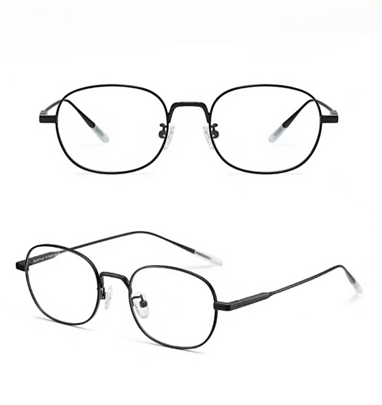 Black unisex ultralight titanium-alloy small oval glasses, supplier front and 45-degree composite detail