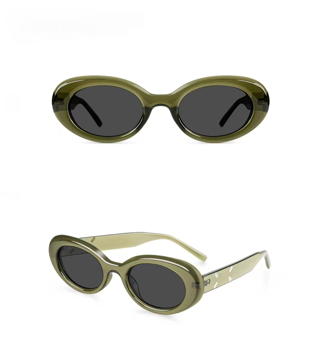 Olive Green full-rim oval polycarbonate sunglasses, front and three-quarter views