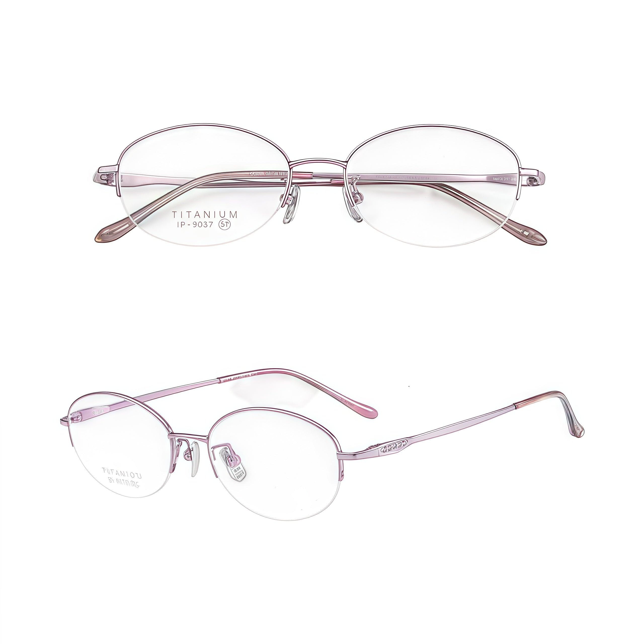 Grey and purple pure-titanium semi-rimless glasses, combined front and 45-degree product views