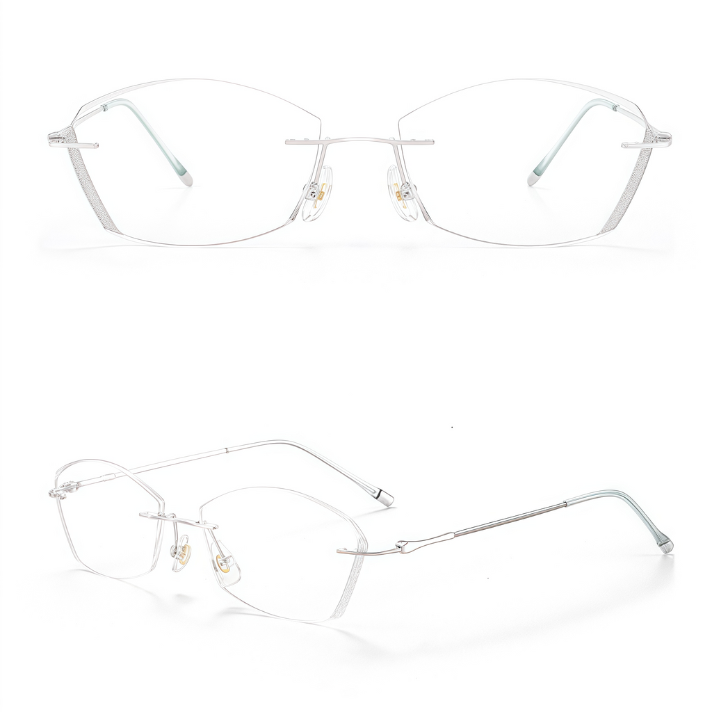 Default rimless geometric titanium eyeglass frames, supplier front and angle reference