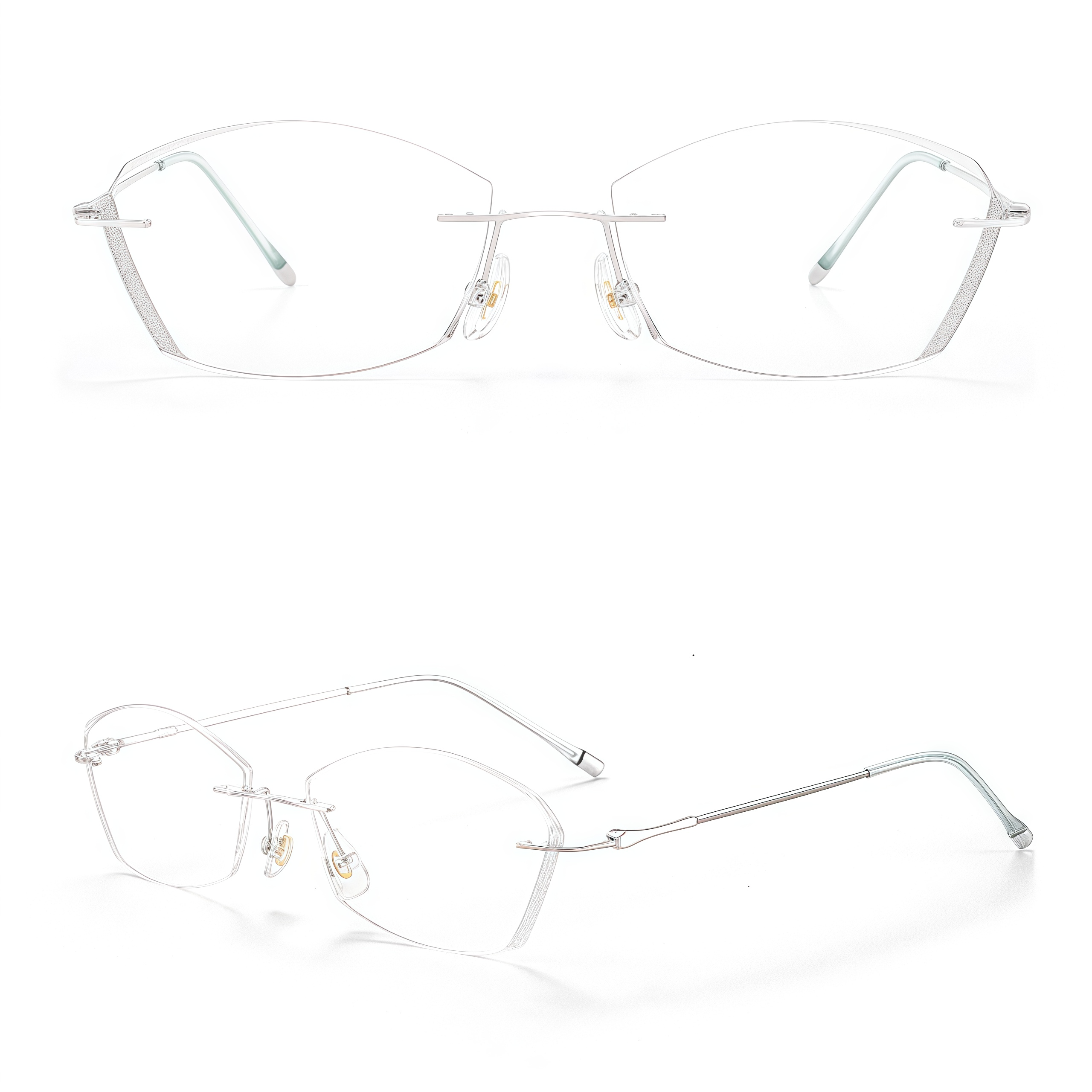 Default rimless geometric titanium eyeglass frames, supplier front and angle reference
