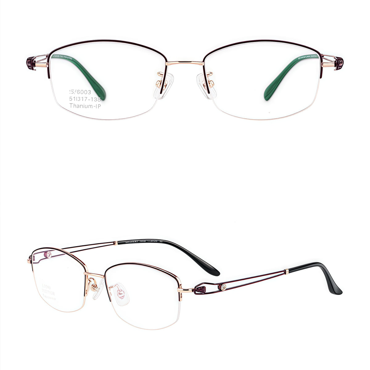 Purple/Gold pure titanium semi-rimless glasses, front and 45-degree composite detail