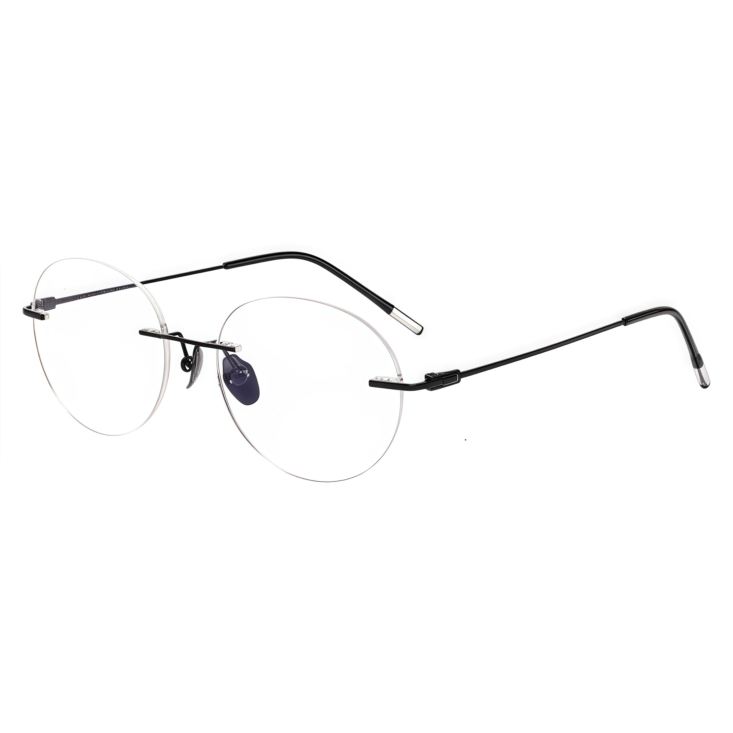 Black rimless oval titanium eyeglass frames, supplier front and angle reference