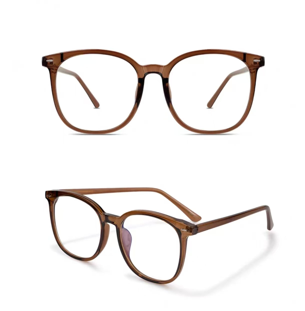 Amber Brown oversized square full-rim eyeglass frame, front and three-quarter product views