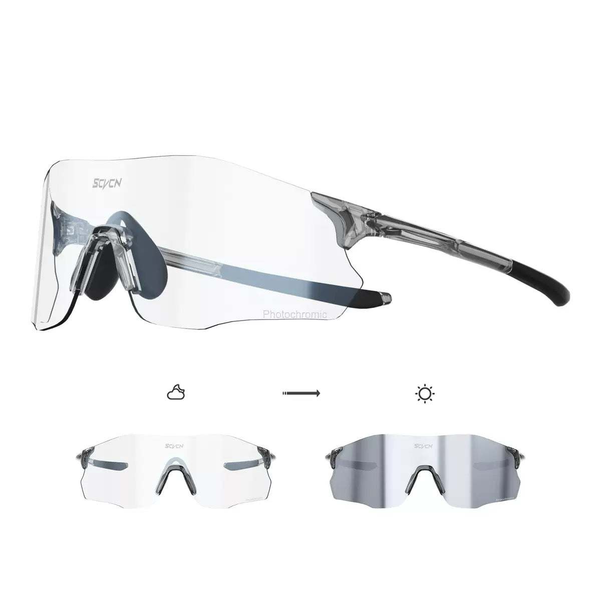 Crystal Grey TR90 rimless shield sunglasses with photochromic silver lens, multi-view composite