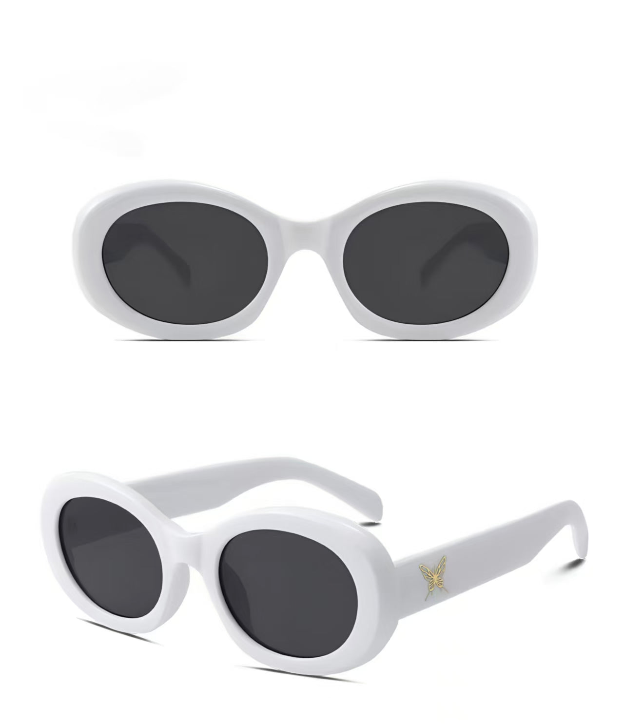 Women’s White full-rim oval cat-eye sunglasses, front and three-quarter views