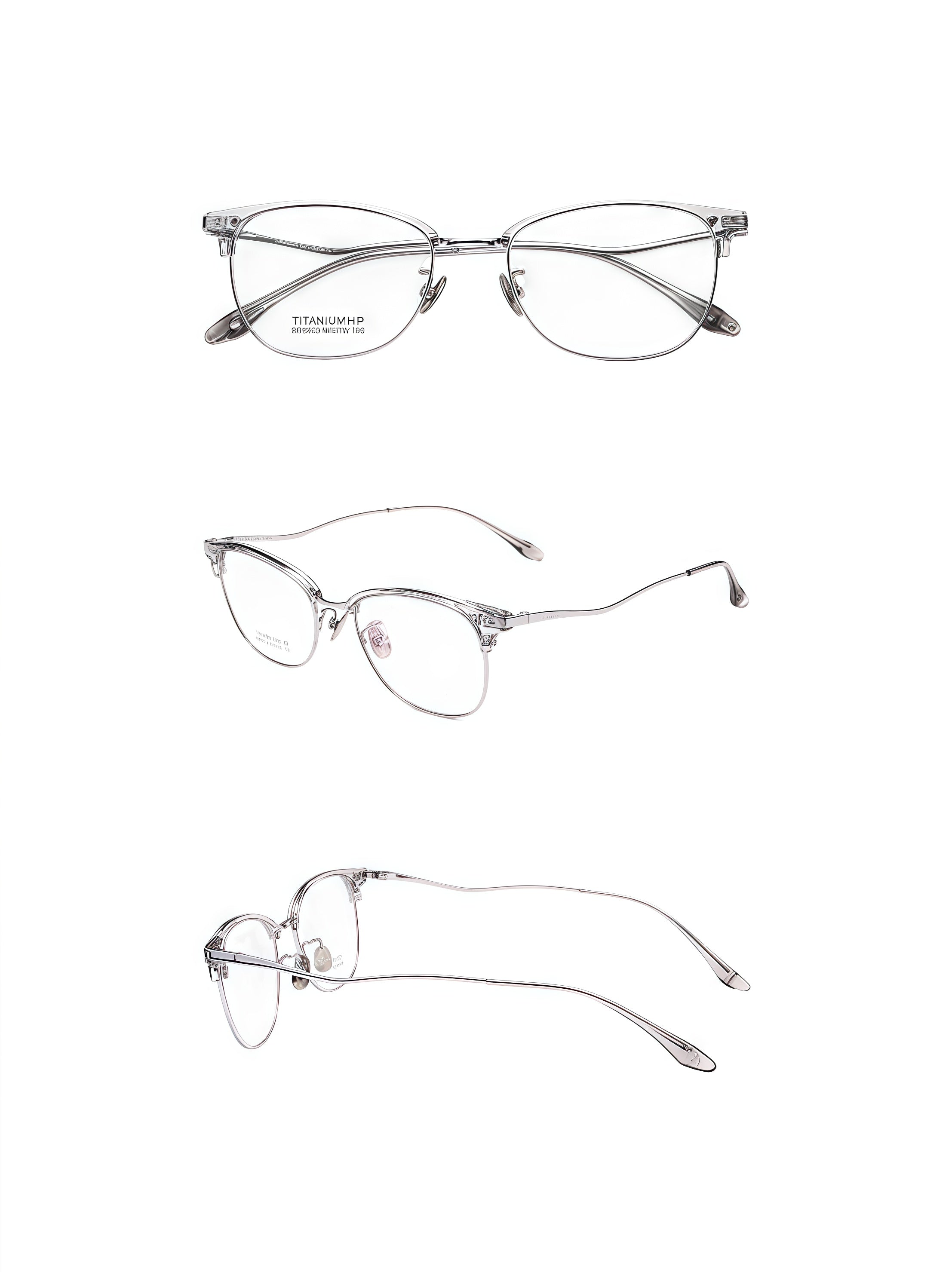 Crystal Grey/Silver unisex vintage TR-and-titanium semi-rimless glasses, original front, 45-degree and side detail