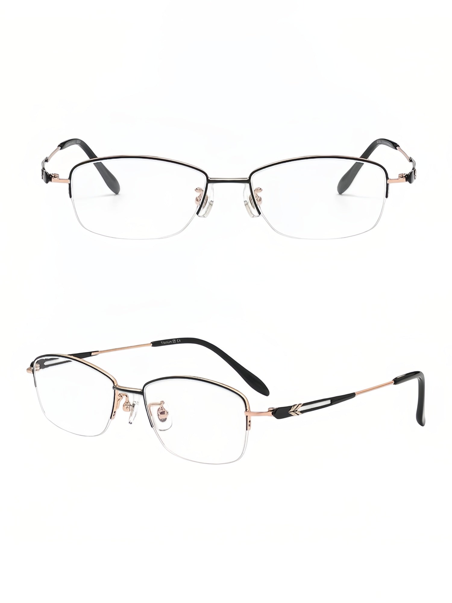 Black and Rose Gold women's minimalist pure-titanium semi-rimless glasses, original front and 45-degree detail
