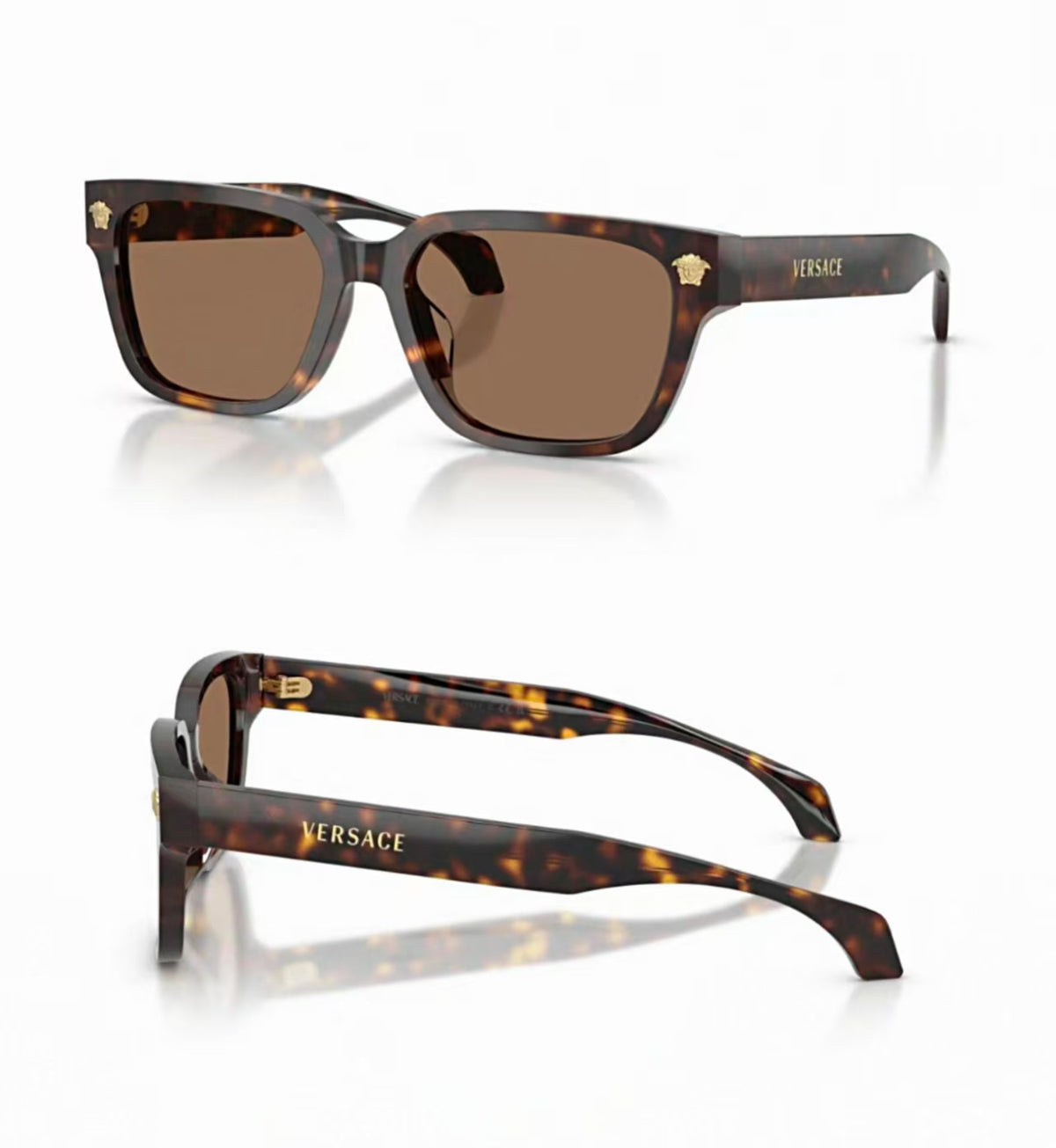 Tortoise Shell Versace O4513D square UV400 sunglasses, 45-degree and side views