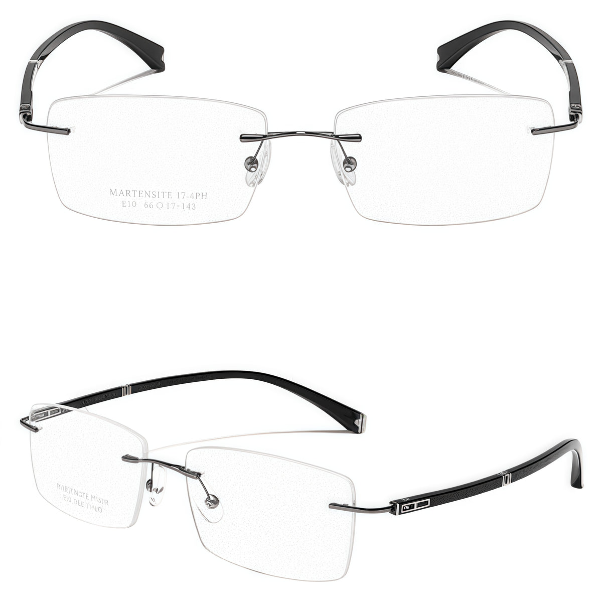 Gunmetal men's alloy rimless rectangular double-slot-temple glasses, supplier composite detail