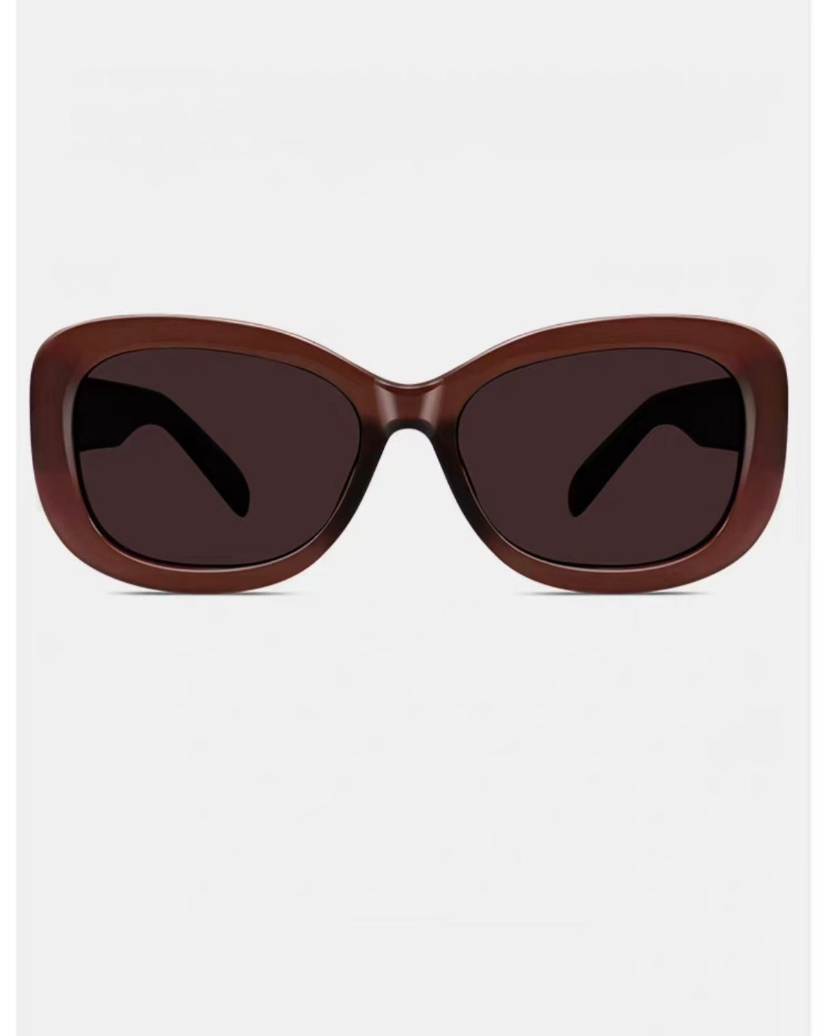 Mocha Brown full-rim oversized cat-eye tr90 sunglasses, front and three-quarter views