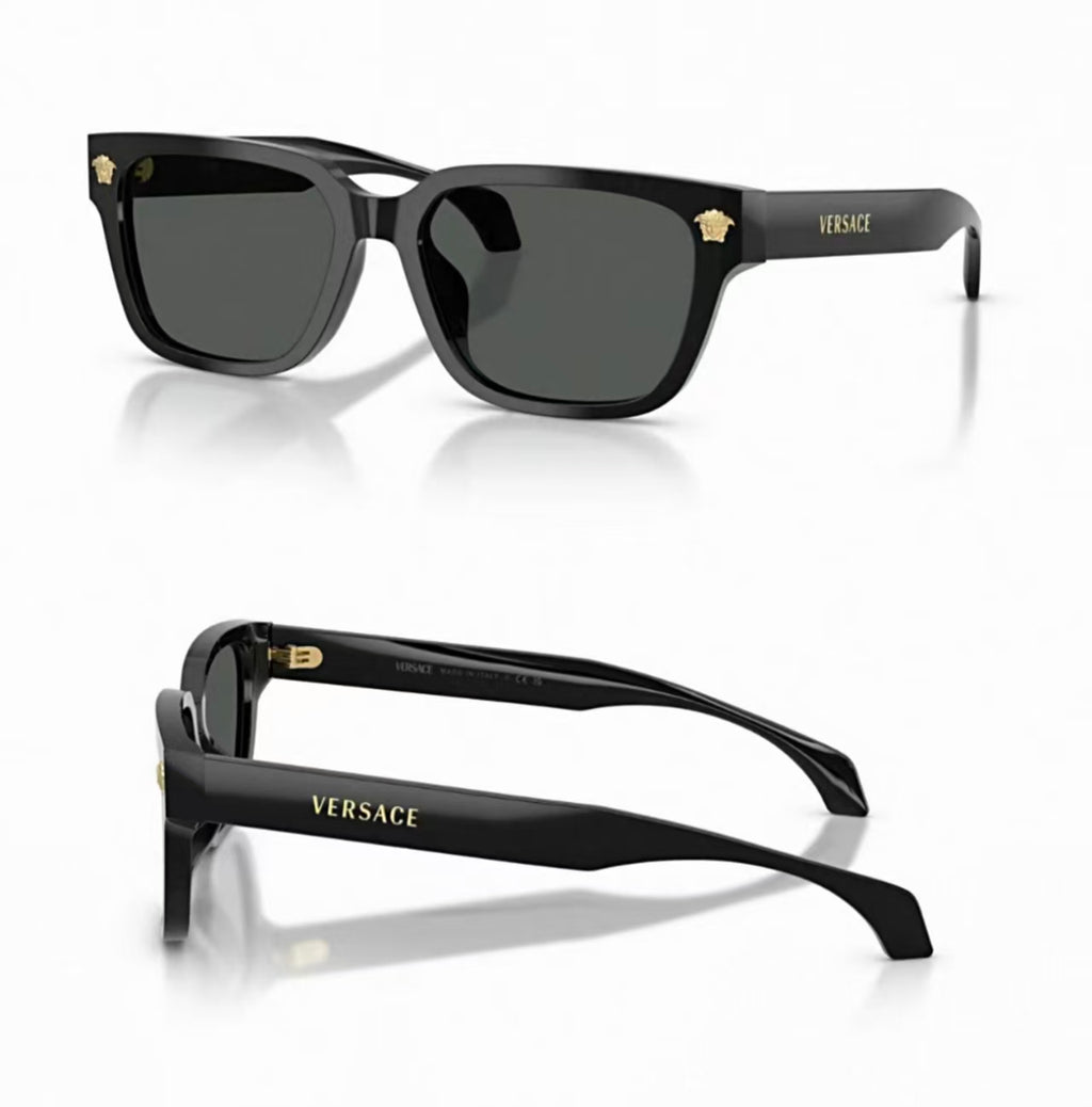Black Versace O4513D full-rim square UV400 sunglasses, 45-degree and side views