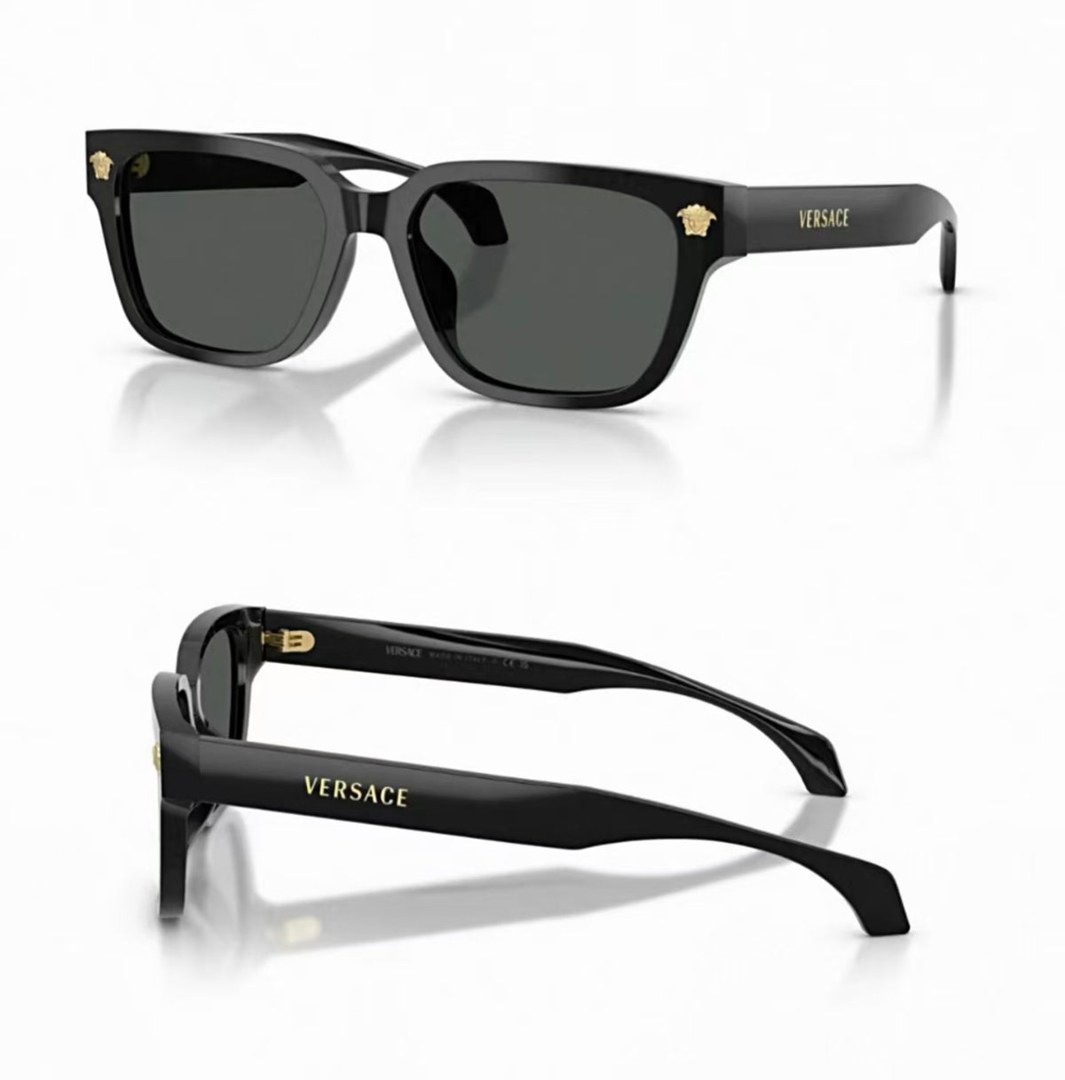Black Versace O4513D full-rim square UV400 sunglasses, 45-degree and side views