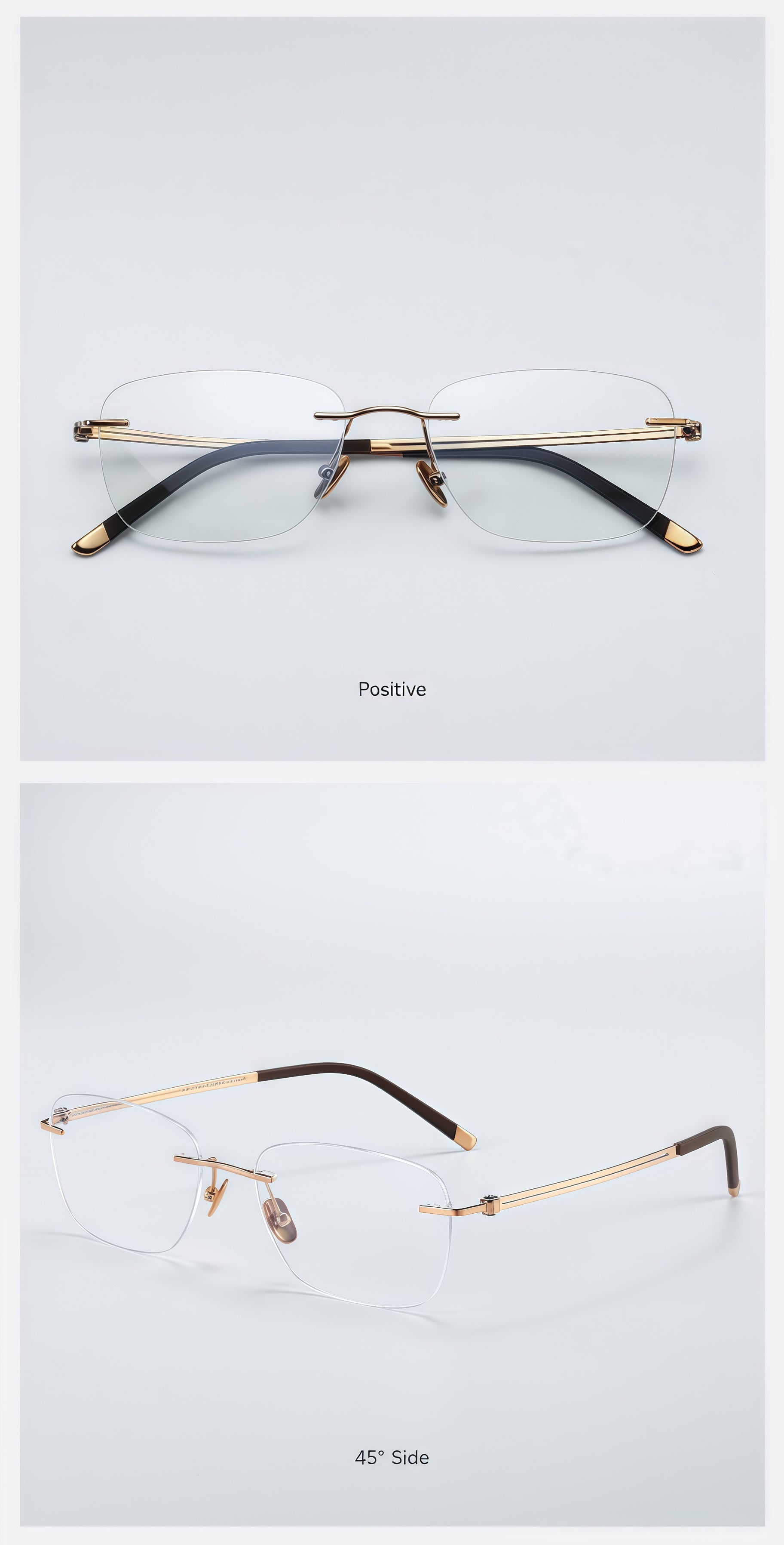 Gold men's pure titanium rimless rectangular glasses in front and 45-degree product views