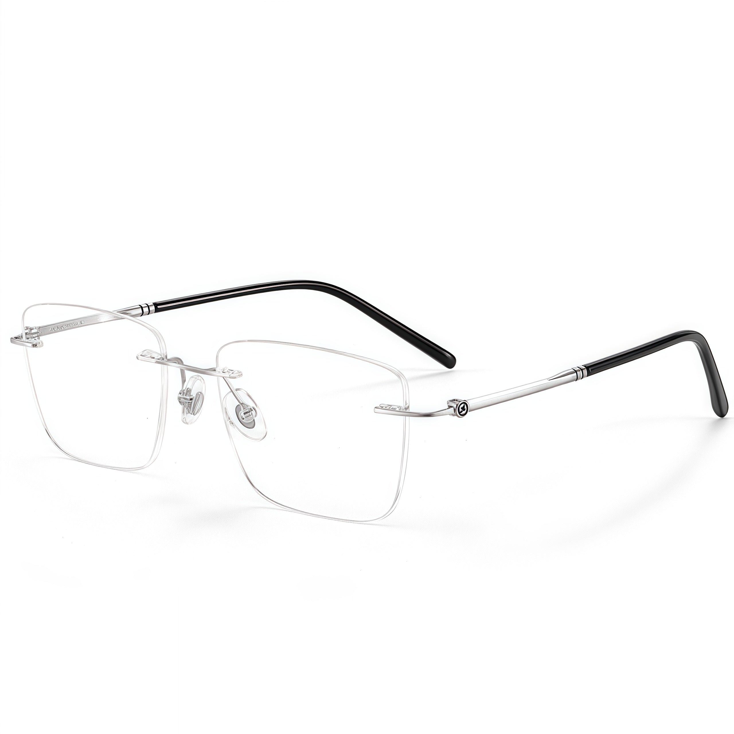 Silver men's titanium rimless rounded-rectangle eyeglass frames, product view