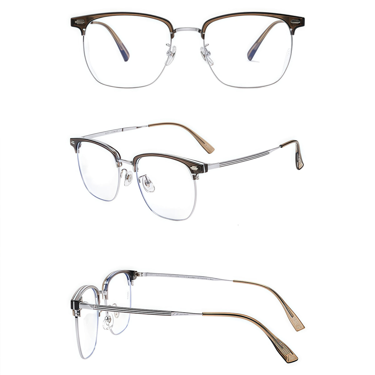 Crystal Brown/Silver TR brow semi-rimless glasses, front, 45-degree and side composite detail