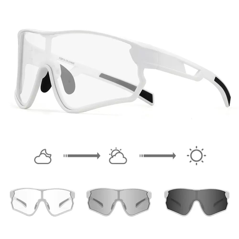 Matte White Frame/Photochromic Grey Lens unisex tr wraparound shield sunglasses, 45-degree view