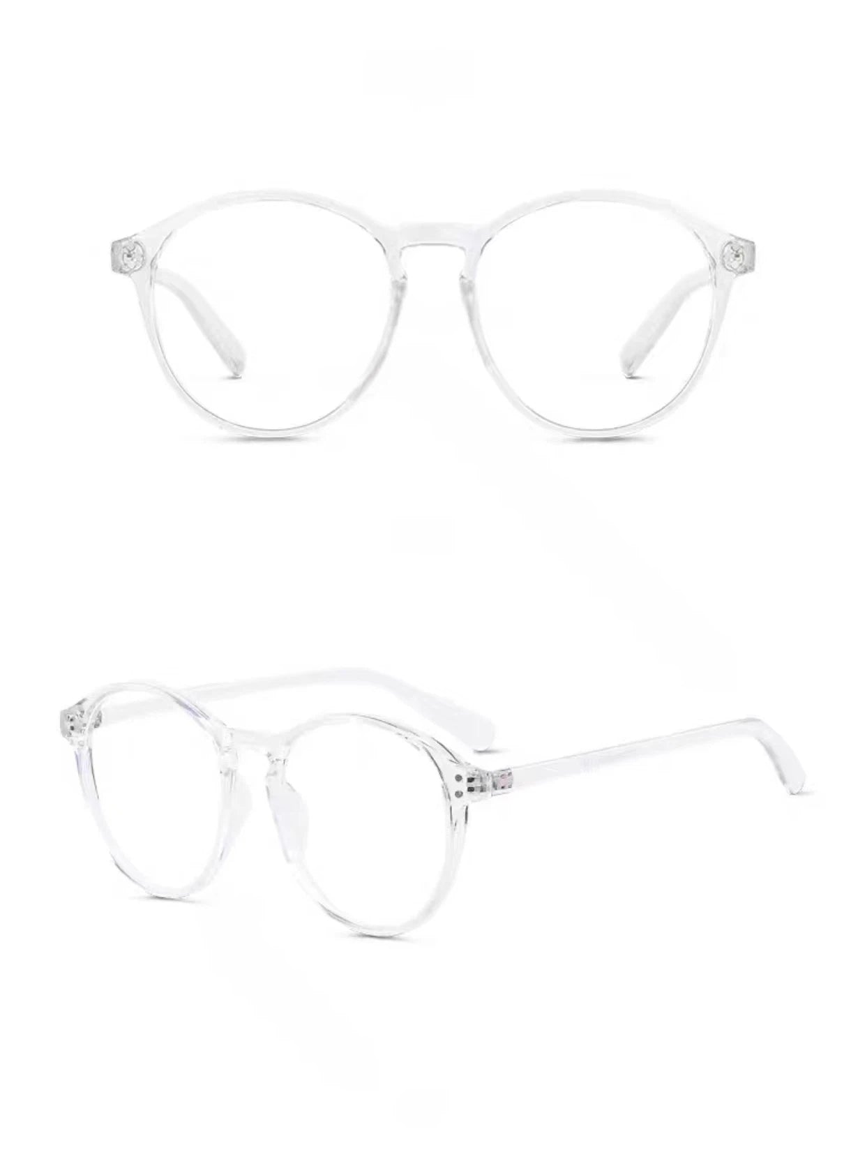 Crystal Clear women's polycarbonate round-panto full-rim glasses, original front-and-45-degree composite detail