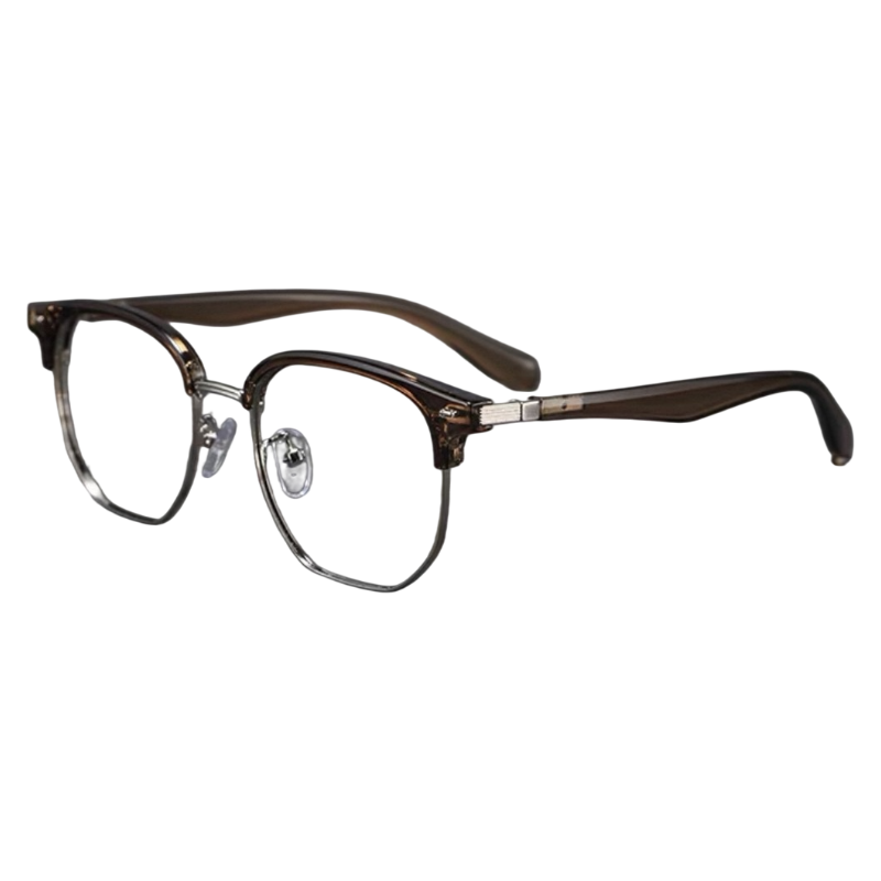 Crystal Brown/Silver men's vintage TR and alloy semi-rimless glasses, 45-degree product view