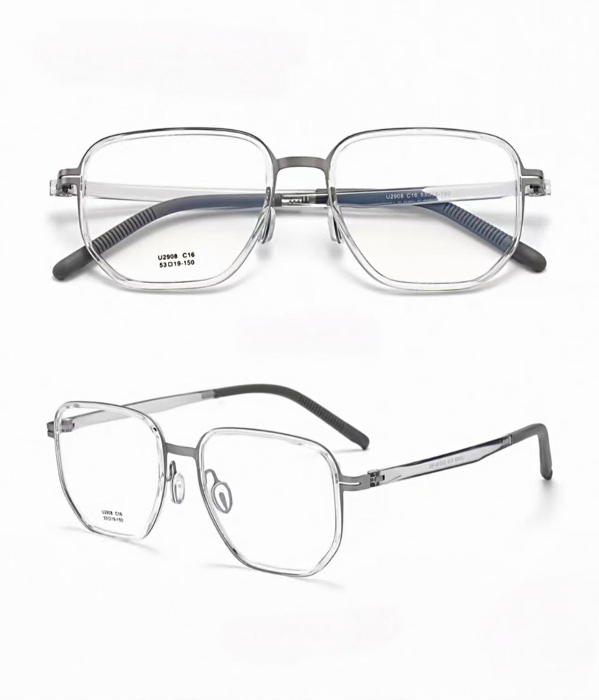 Crystal Clear ultra-light titanium and TR90 full-rim glasses, front and 45-degree composite detail view