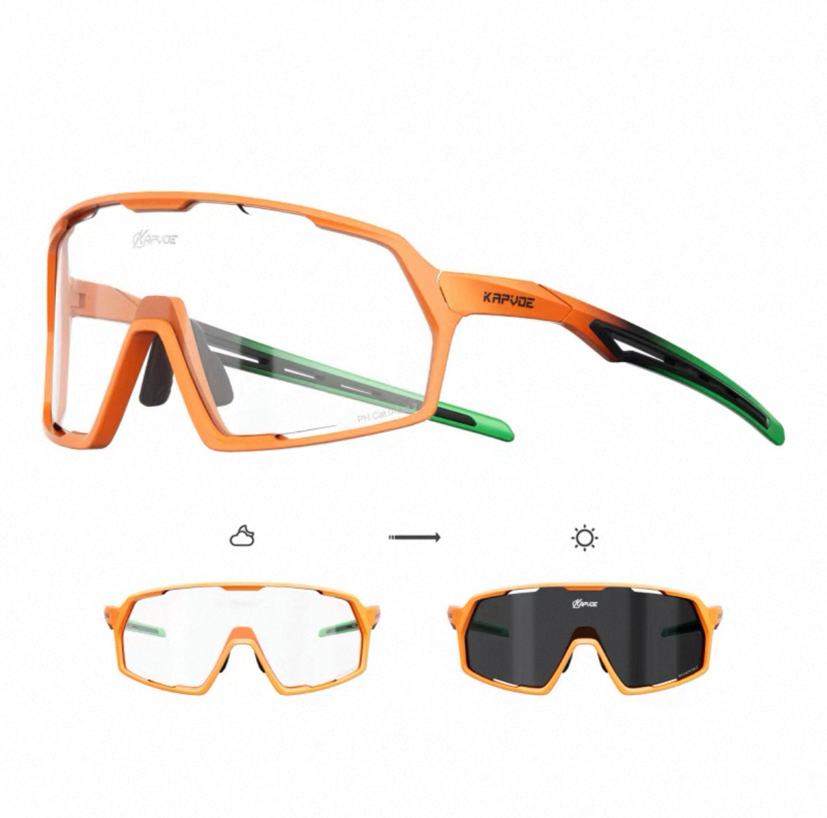 Matte Orange Green Frame/Photochromic Grey Lens 45-degree product view of Protective Windproof Outdoor Sports Glasses