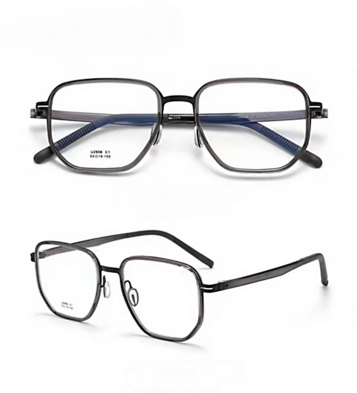 Charcoal Gray ultra-light titanium and TR90 full-rim glasses, front and 45-degree composite detail view