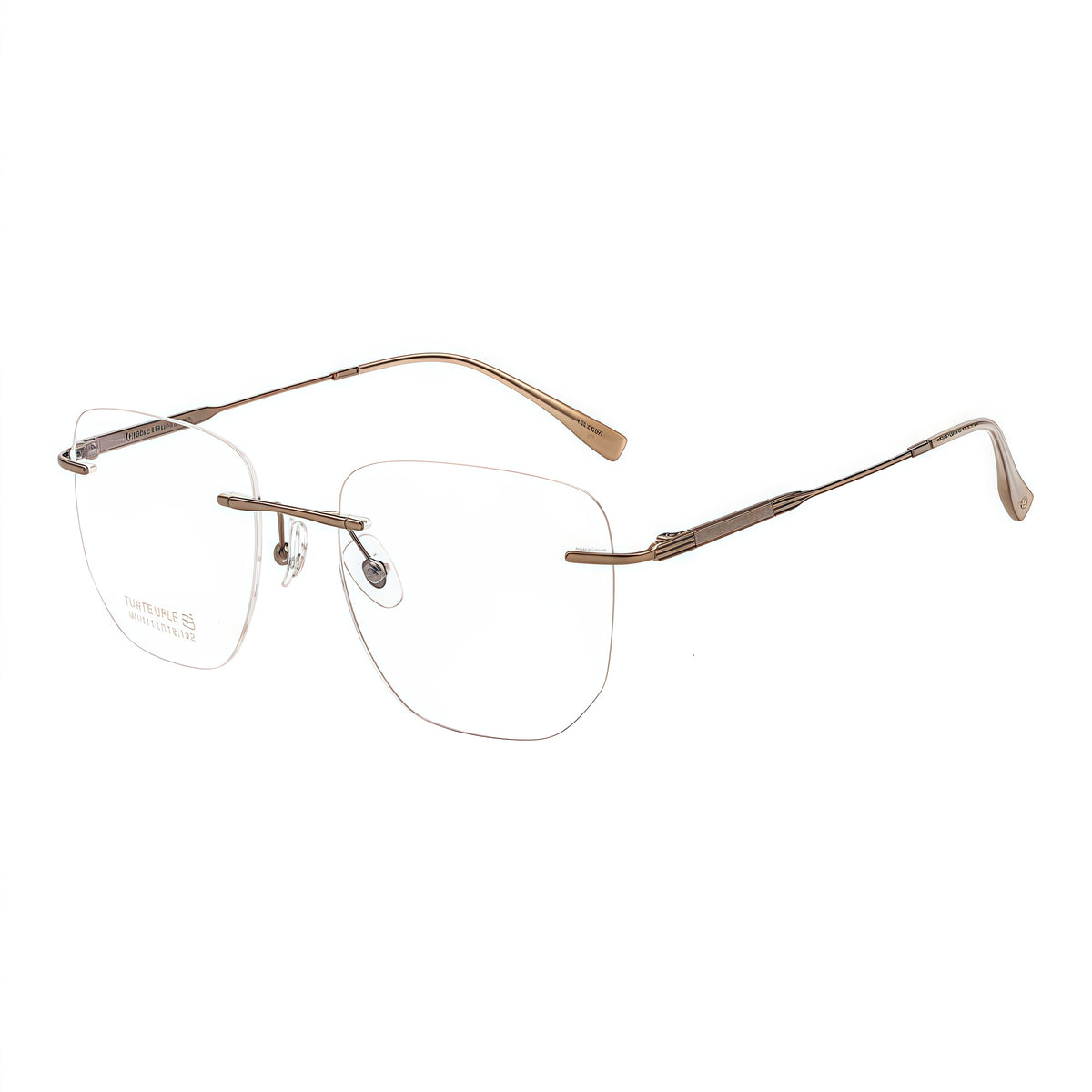 Antique Bronze women's titanium rimless softly-square leaf-temple glasses, supplier detail