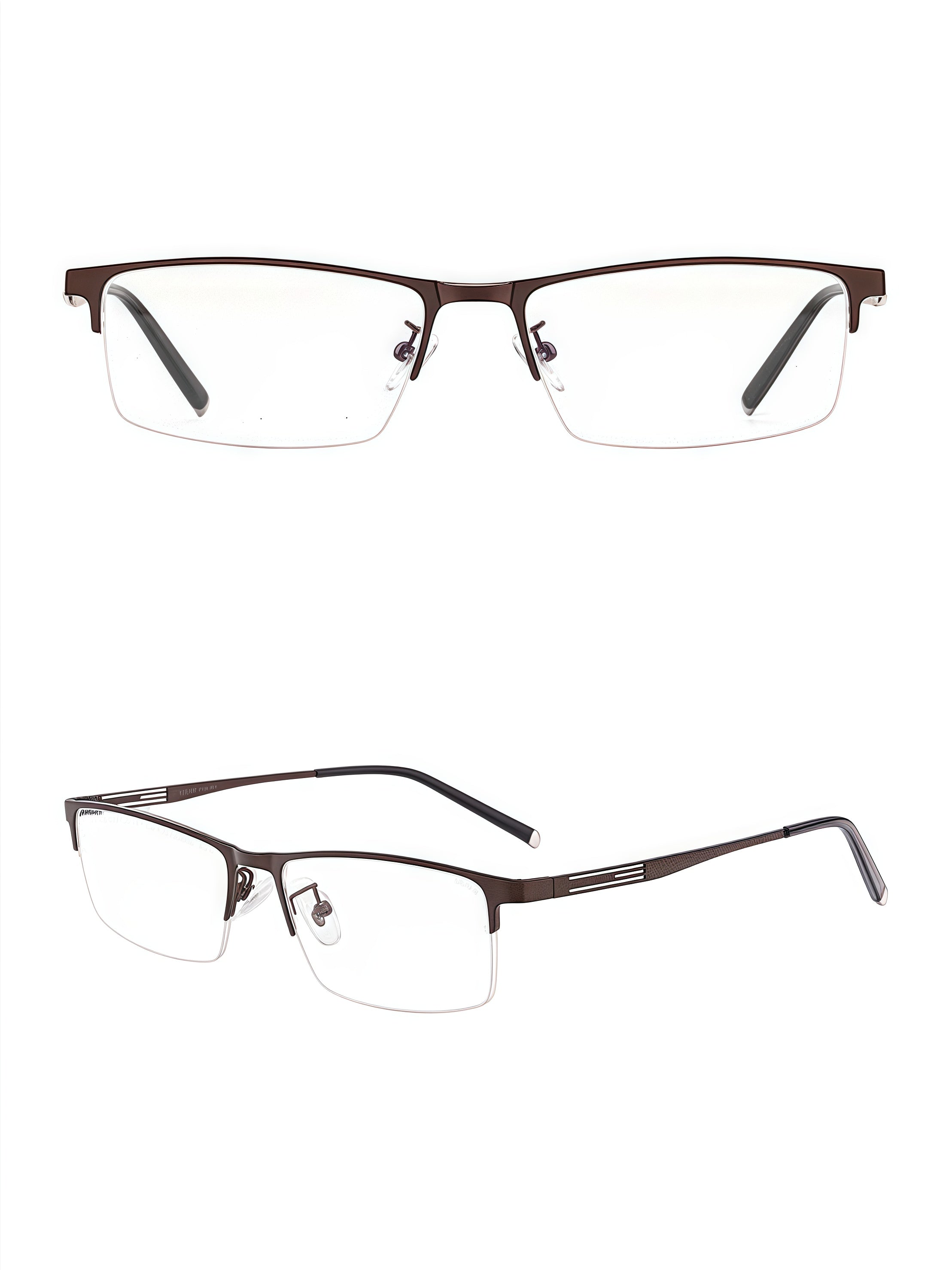 Coffee Brown titanium-alloy semi-rimless rectangular glasses, original front and 45-degree views