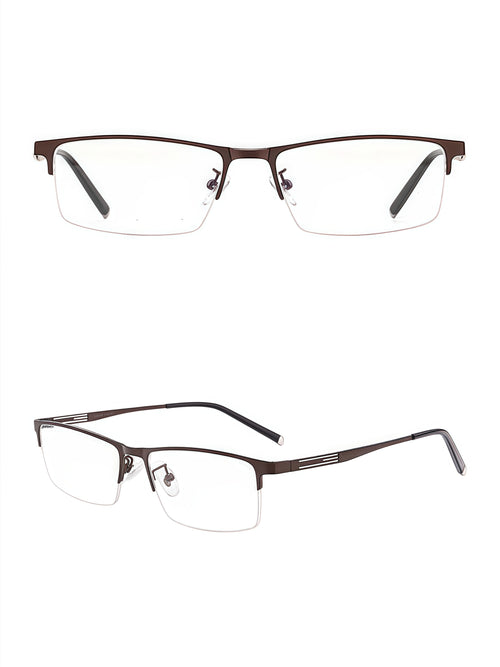 Coffee Brown titanium-alloy semi-rimless rectangular glasses, original front and 45-degree views
