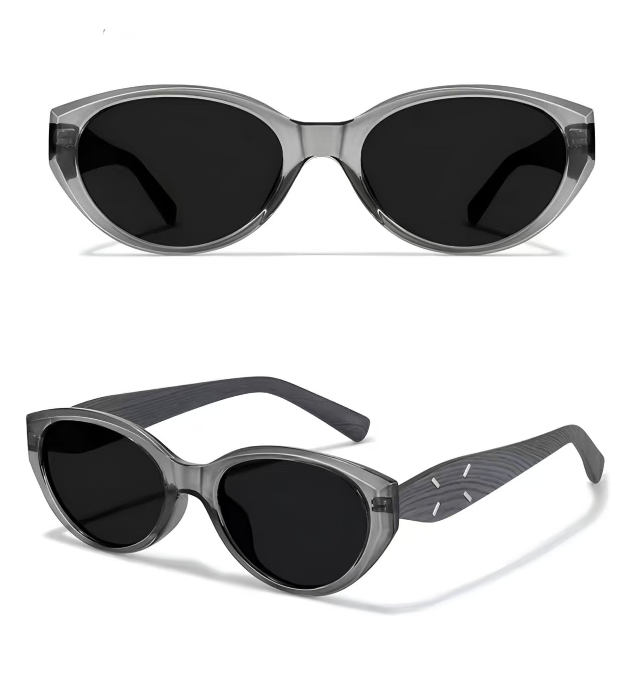 Women’s Gray full-rim narrow oval sunglasses, front and three-quarter views