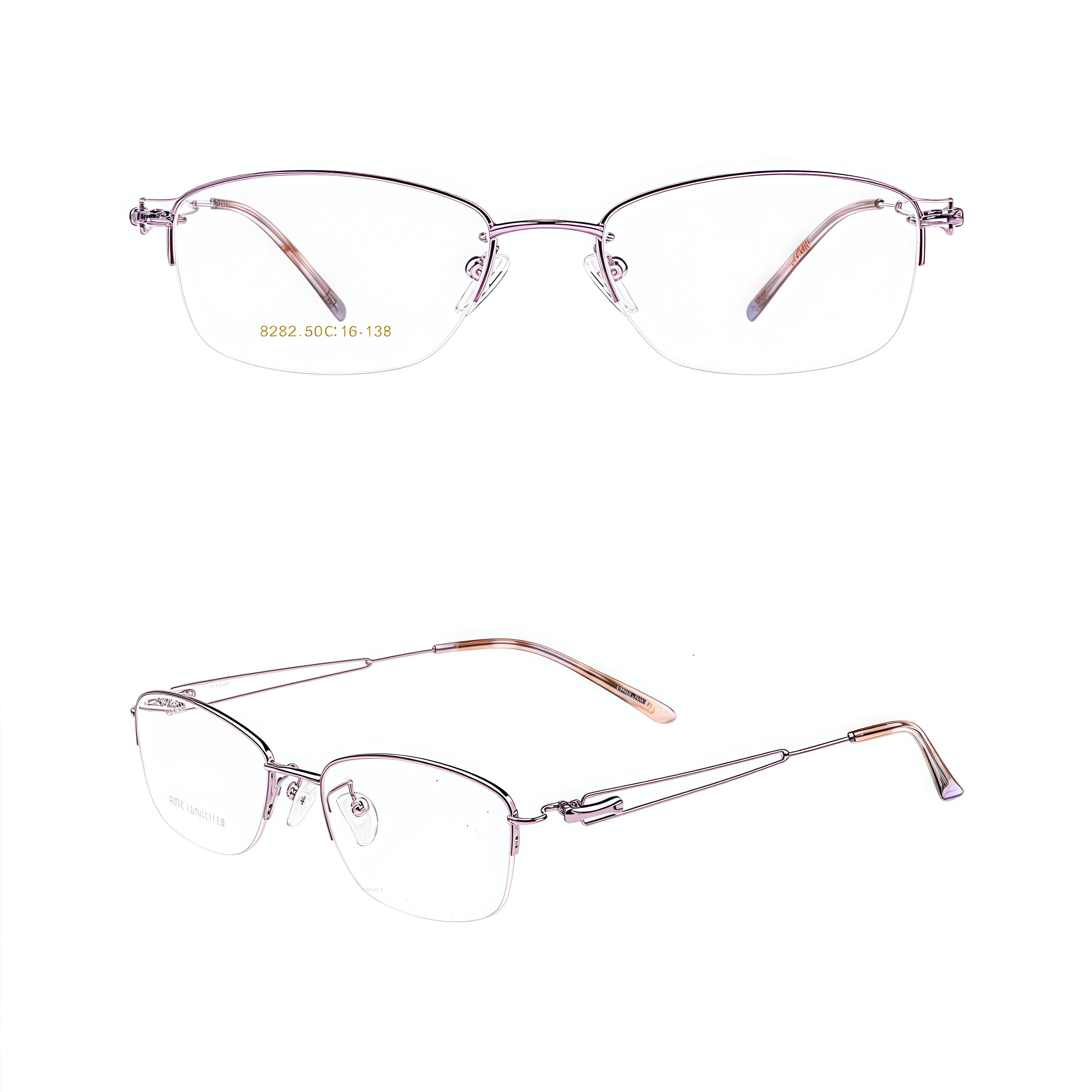 Purple elegant alloy semi-rimless glasses, original front and 45-degree product views