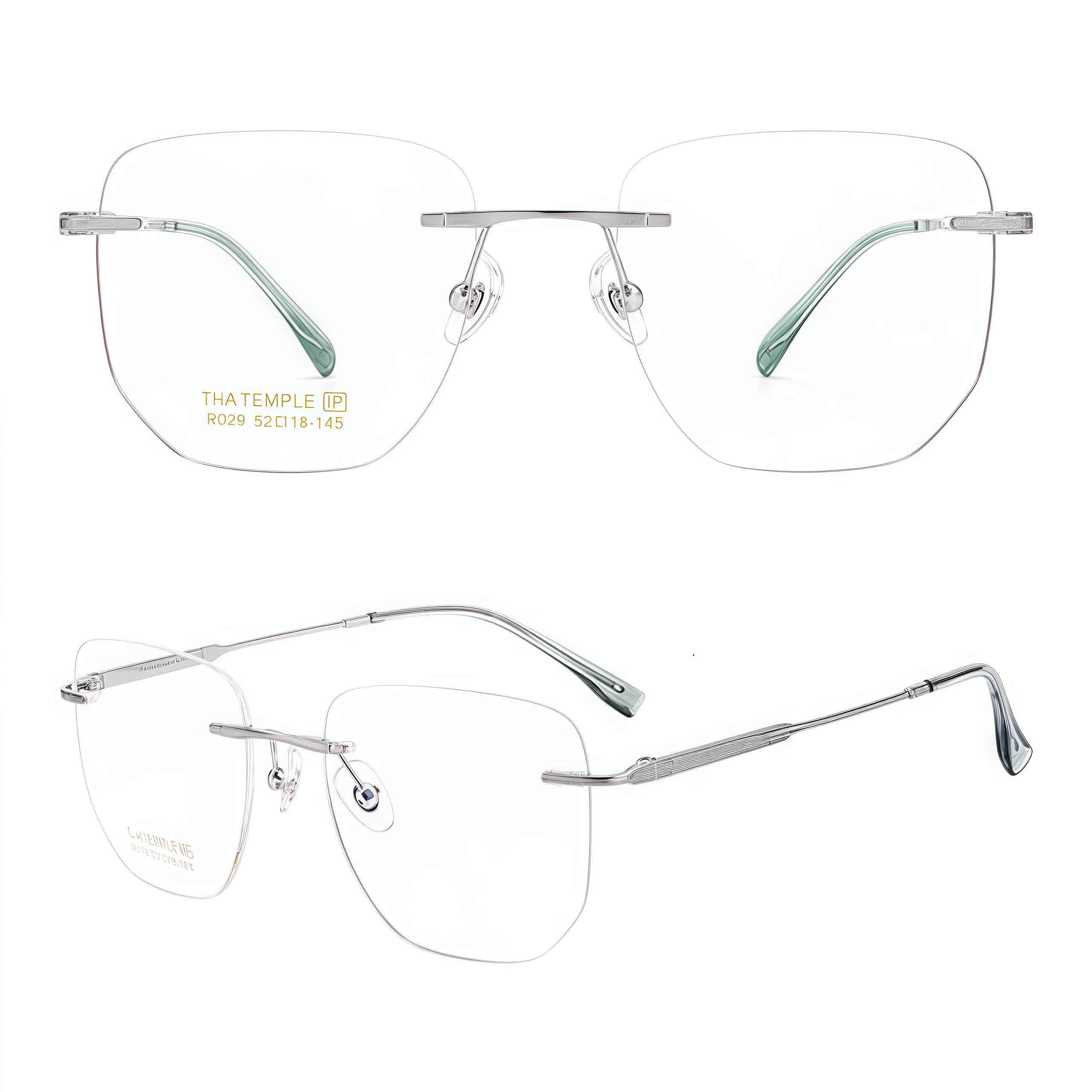 Silver women's titanium rimless softly-square leaf-temple glasses, supplier detail