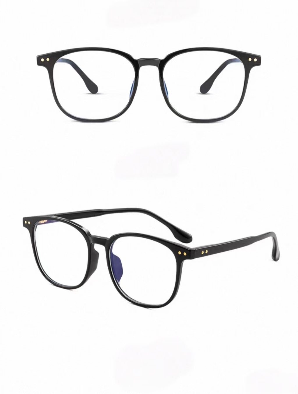 Black unisex ultra-light TR90 softened-square glasses, original front-and-45-degree composite detail