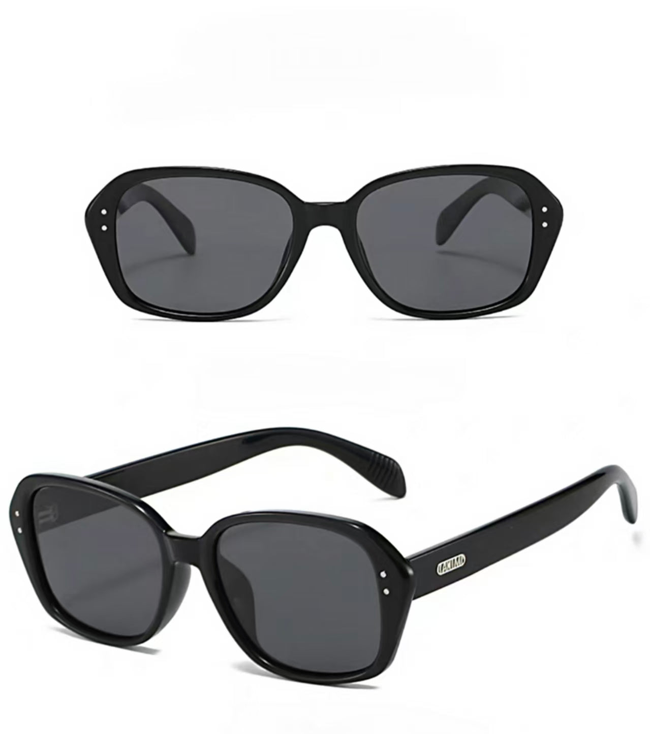Women’s Black full-rim square sunglasses, front and three-quarter views