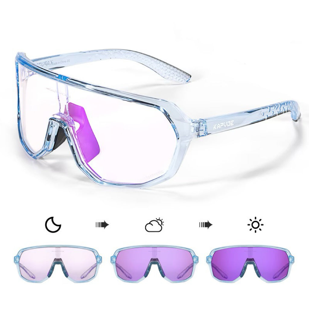 Crystal Blue Frame/Photochromic Purple Lens unisex tr wraparound rectangle sunglasses, detail-01 view