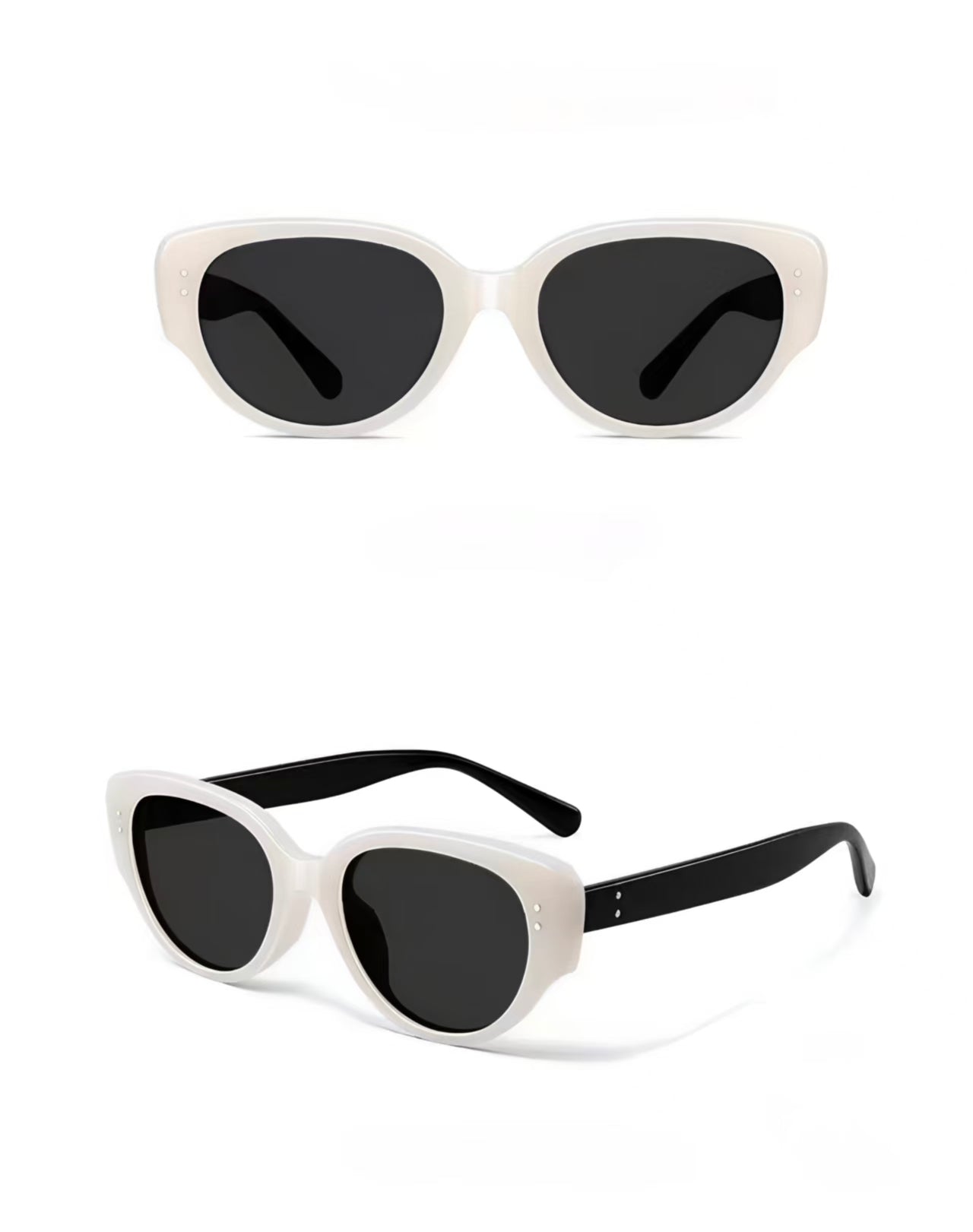 Unisex Ivory full-rim narrow cat-eye sunglasses, front and three-quarter views