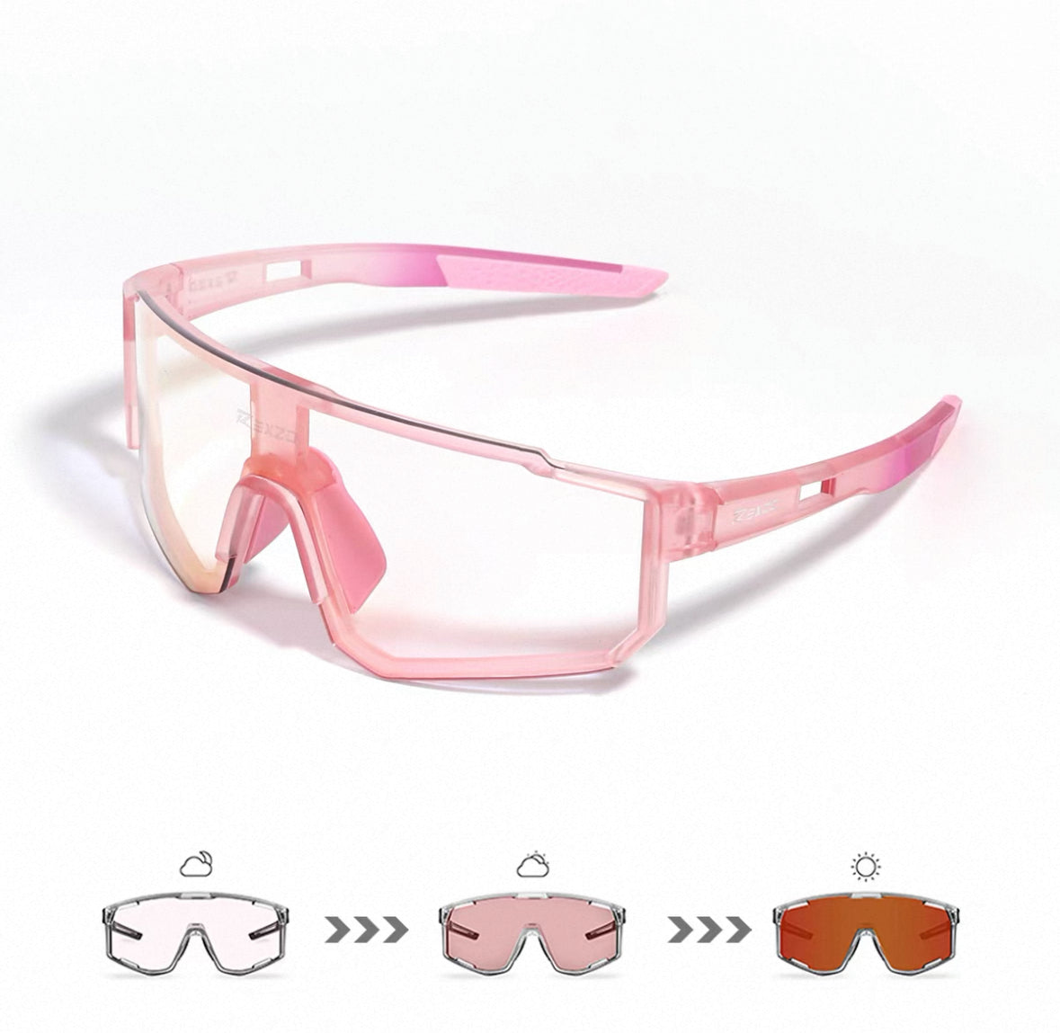 Matte Pink Frame/Photochromic Red Lens front and 45-degree product views of Wraparound Windproof Dustproof Sports Sunglasses