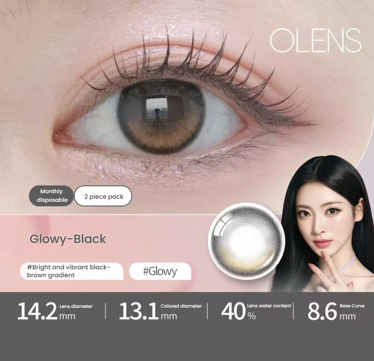OLENS Glowy Black toric contact lens shown on an eye