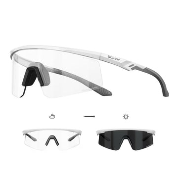 White Frame/Photochromic Grey Lens front and 45-degree product views of Windproof Outdoor Sports Glasses