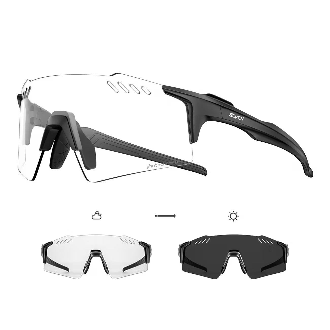 Black Frame/Photochromic Grey Lens 45-degree product view of Protective Windproof Sports Sunglasses