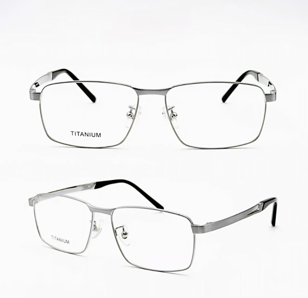 Silver titanium rectangular full-rim glasses, original front and 45-degree product detail