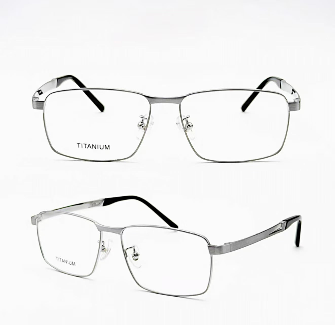 Silver titanium rectangular full-rim glasses, original front and 45-degree product detail