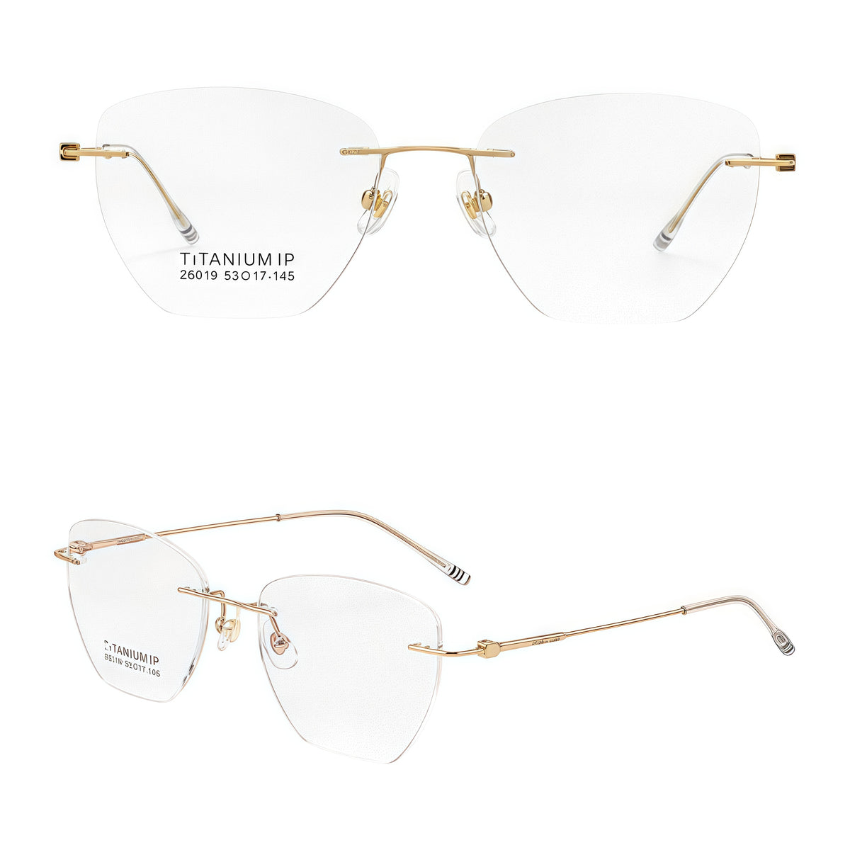 Gold unisex pure titanium geometric rimless eyeglasses, 45-degree view