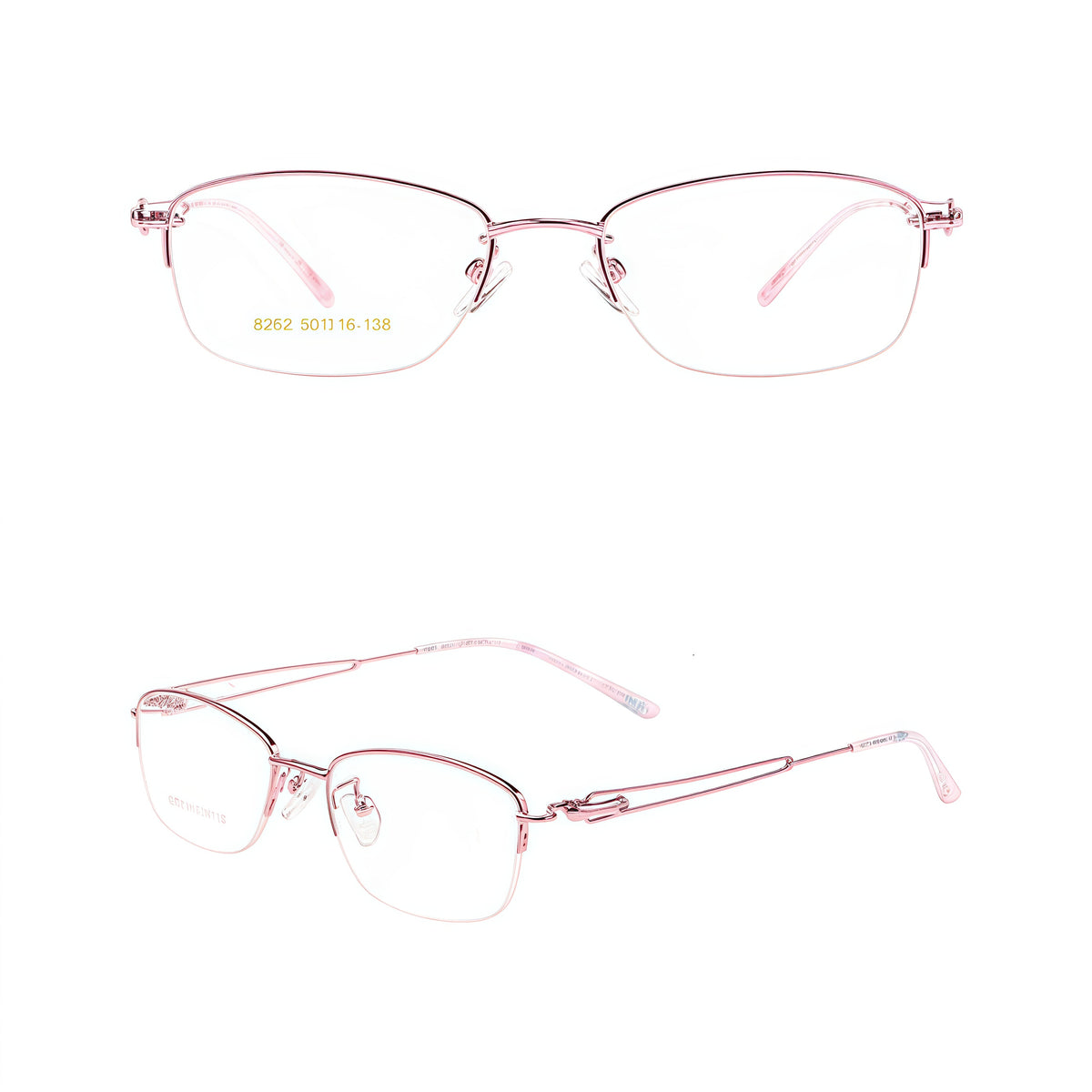 Pink elegant alloy semi-rimless glasses, original front and 45-degree product views