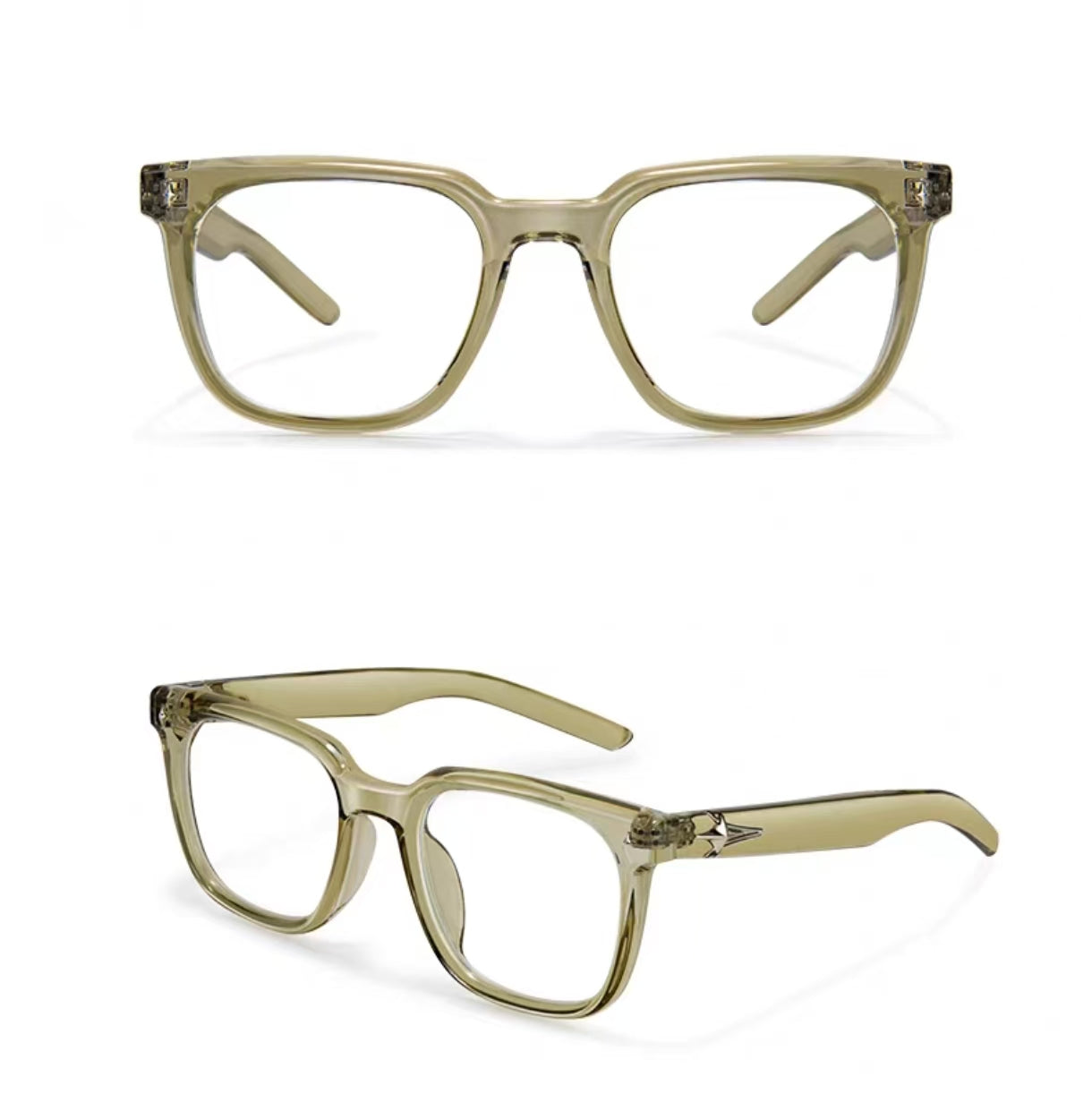 Crystal Green oversized square full-rim eyeglass frame, front and three-quarter product views
