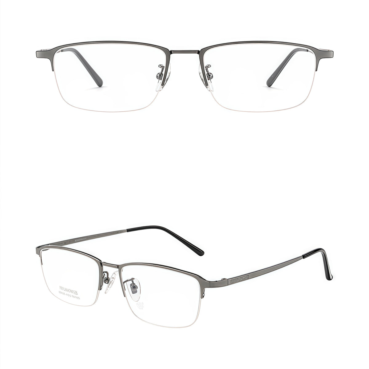 Gunmetal men's semi-titanium semi-rimless glasses, original combined front and 45-degree product views