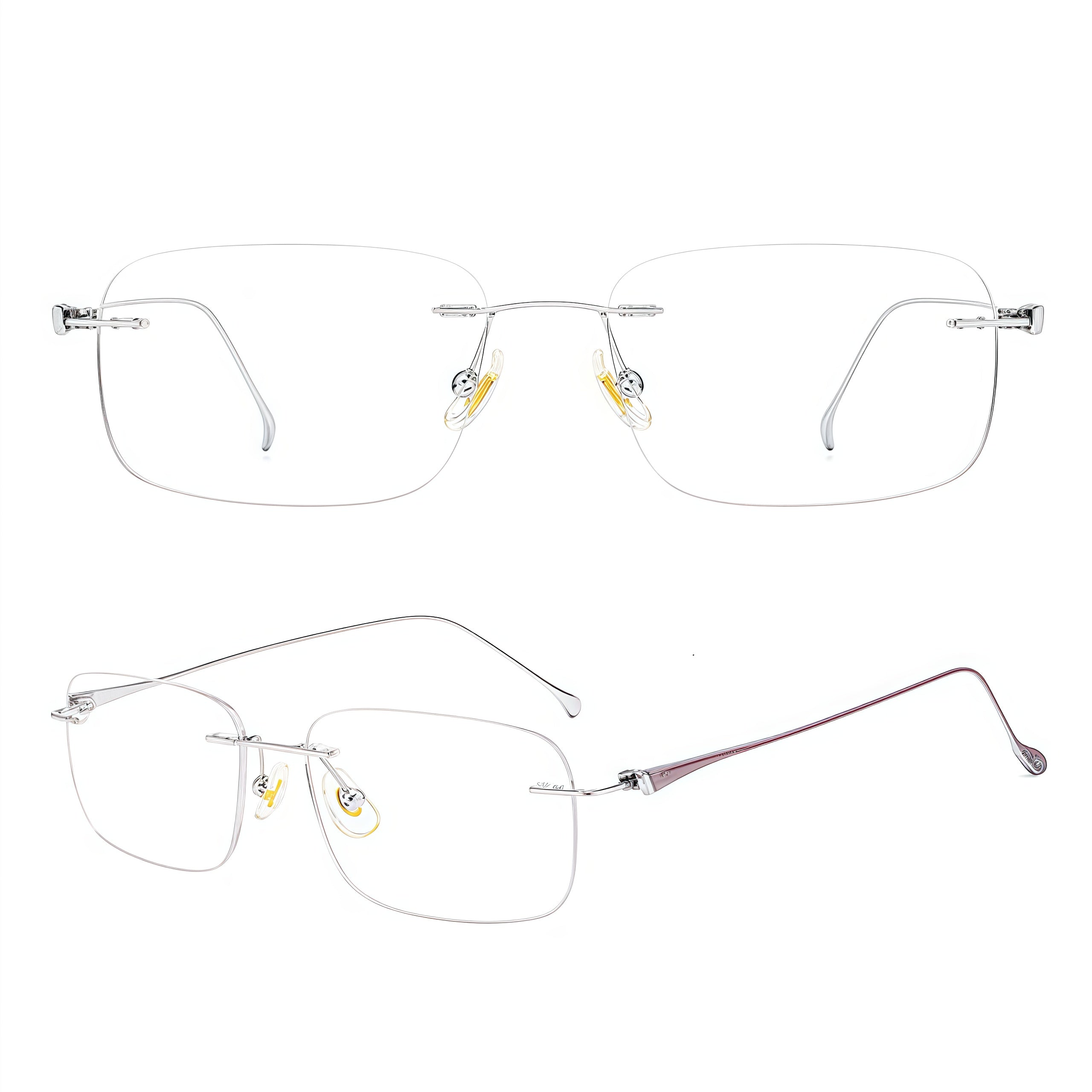 Silver women's lightweight titanium rimless rectangular glasses, supplier composite detail
