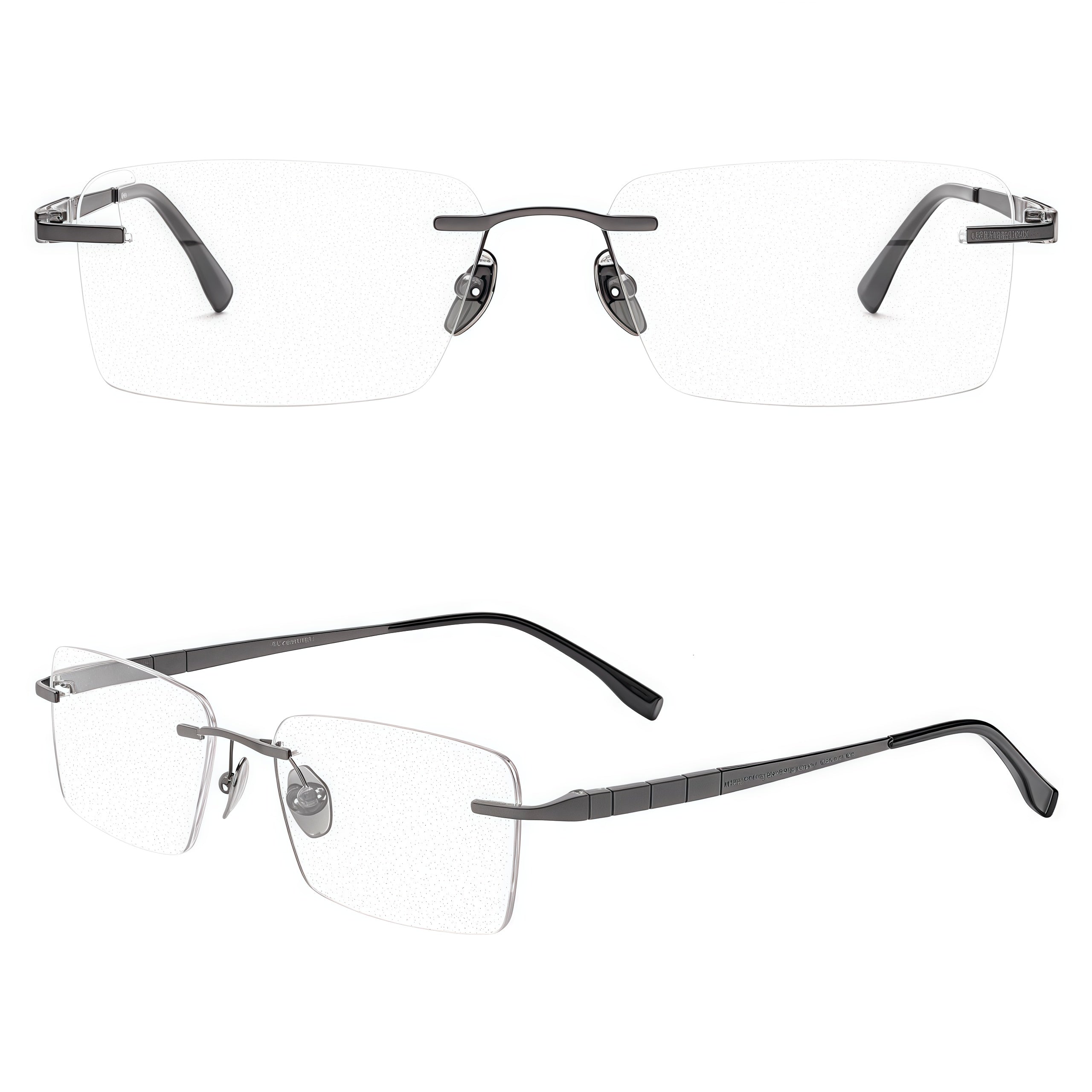 Gunmetal men's pure-titanium rimless rectangular segmented-temple glasses, supplier composite detail