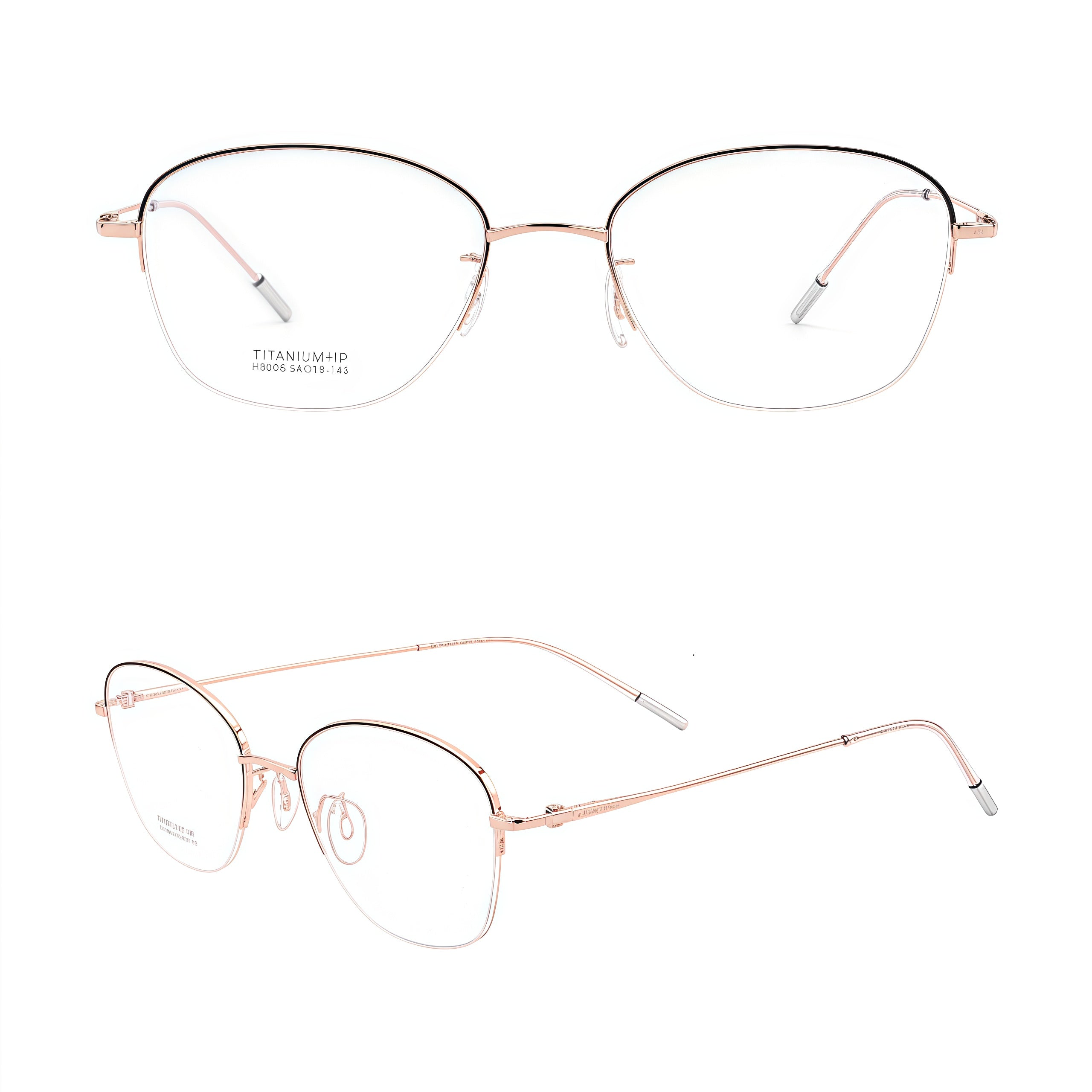 Rose Gold/Dark Blue Gradient women's titanium semi-rimless glasses, front and 45-degree composite detail